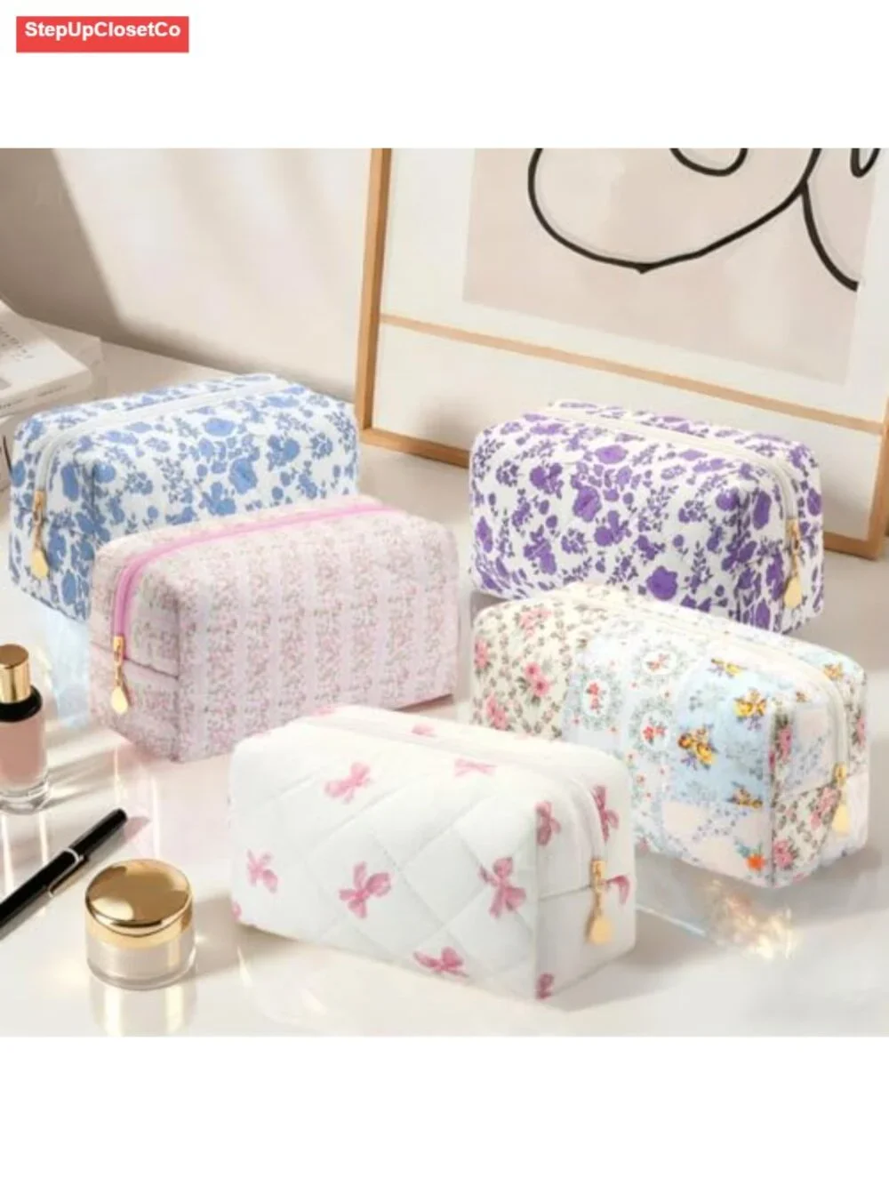 Quilted Cotton Makeup Bag Floral Travel Toiletry Pouch Cute Zipper Small